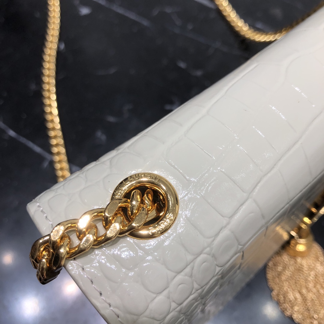 Saint Laurent Kate Tassel Small Crocodile Embossed Calfskin Shoulder Bag Handbag White 474366 Gold